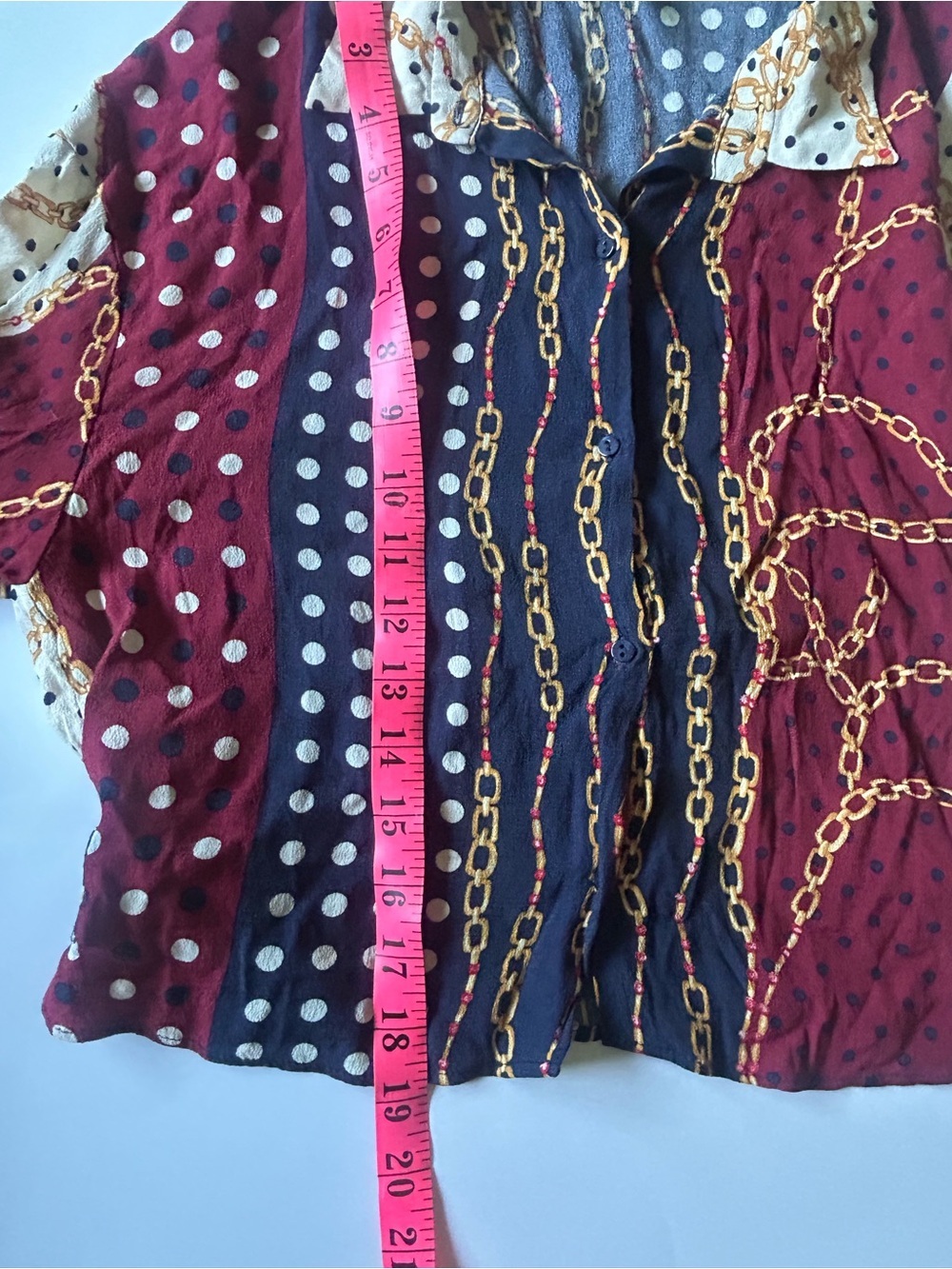 Mixed Print Button-Down Blouse in Burgundy, Navy & White - Picture 10 of 10